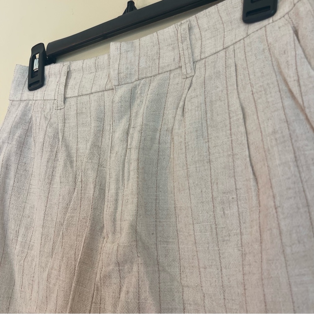 Linen Blend High Rise Pleated Shorts S Neutral Stripe Pockets Minimalist Summer - Picture 3 of 5